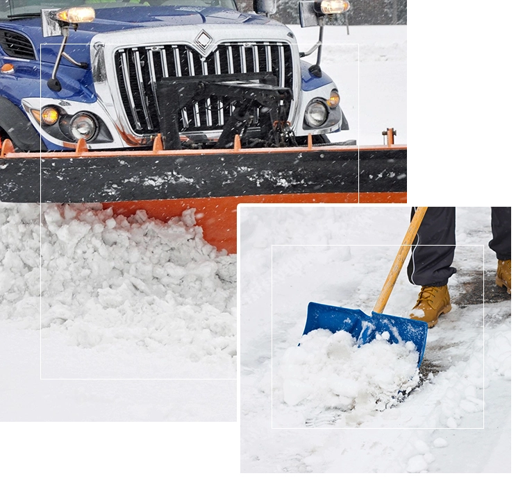 A close up of a snow plow and a person shoveling