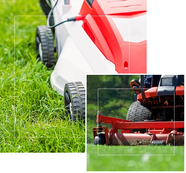 A red and white lawn mower in the grass.